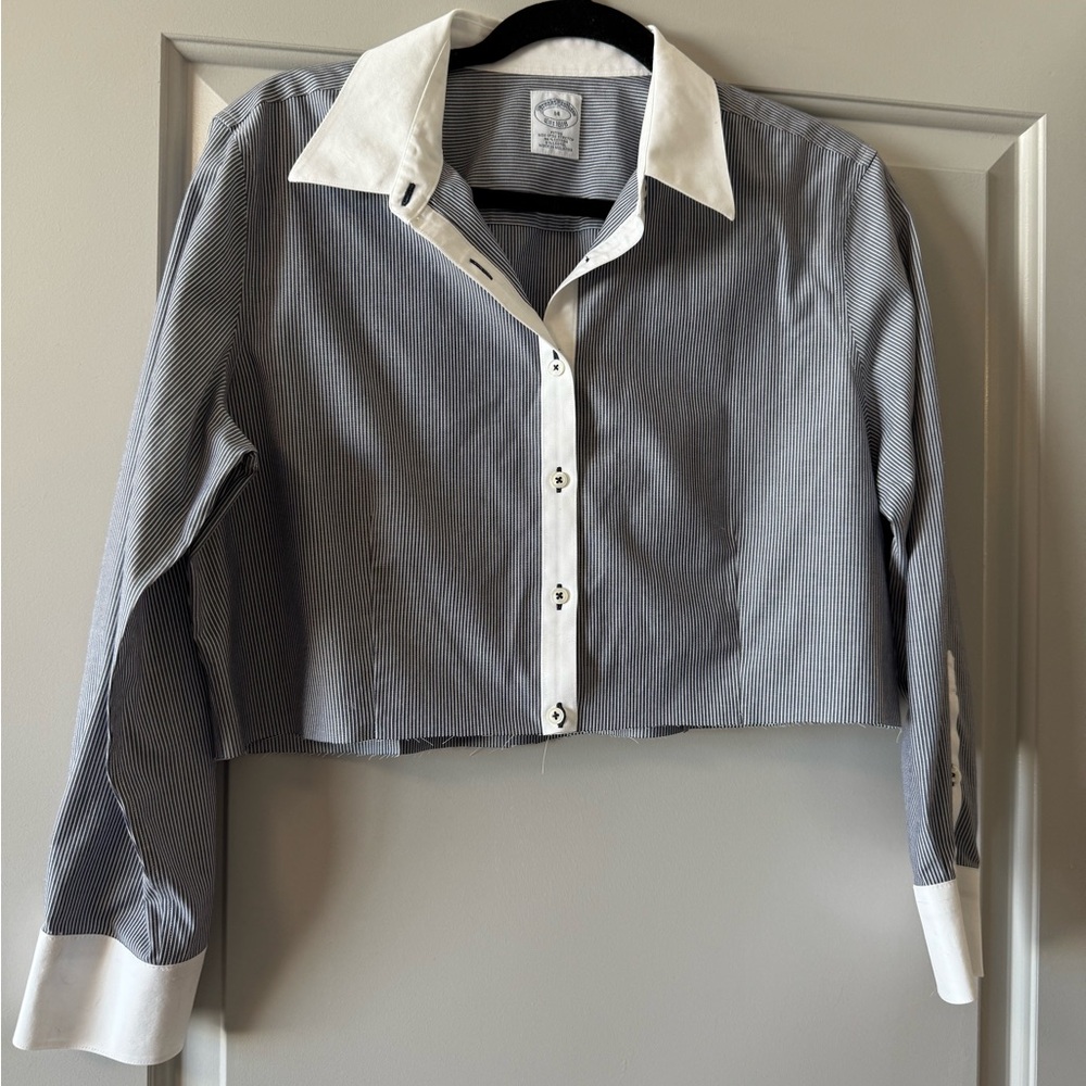 Brooks Brothers Upcycled Stripped Fitted Raw Hem Cropped Button-down Size Small